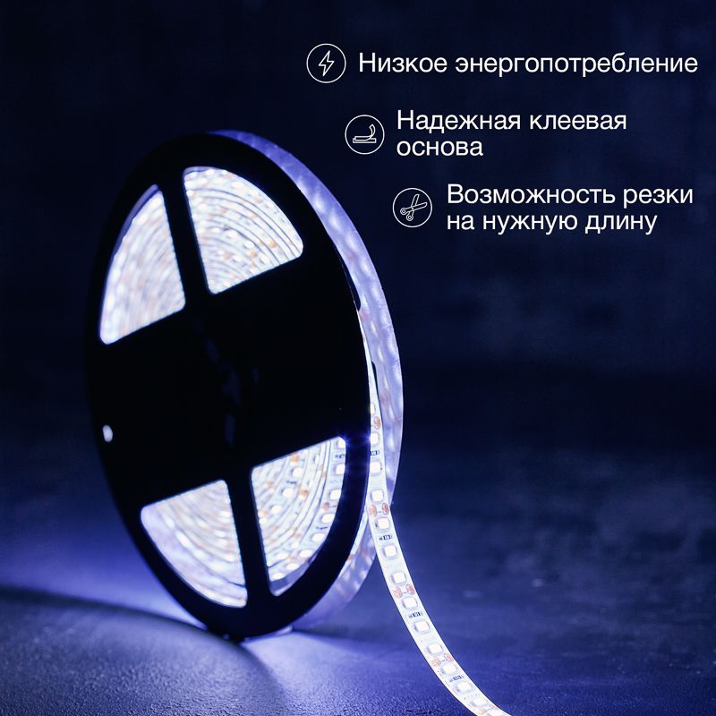 Лента светодиодная 12В, SMD2835, 9,6 Вт/м, 120 LED/м, 6500К, 8мм, 5м, IP65 LAMPER - Фото 2