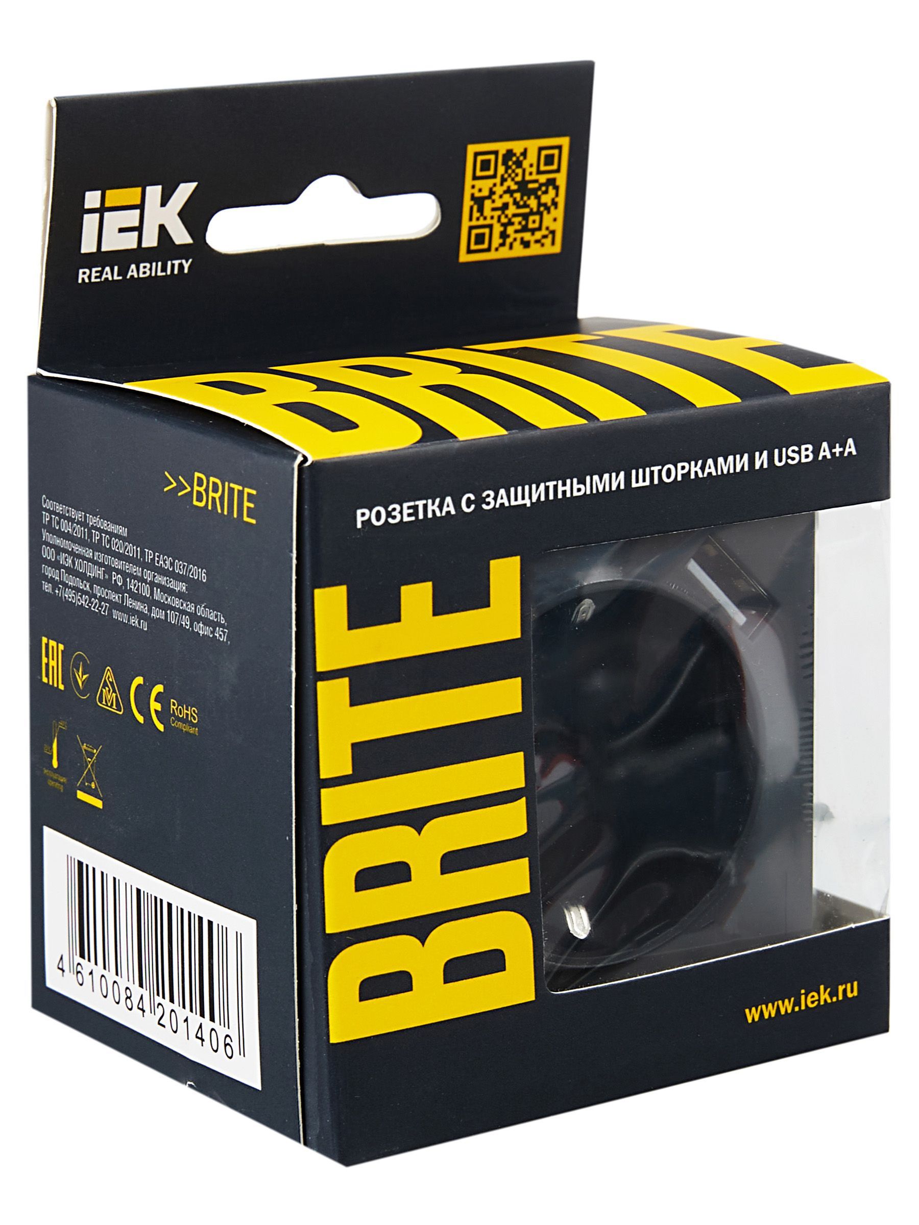 BRITE Розетка 1-местная с заземлением с защитными шторками 16А с USB A+A 5В 3,1А РЮш10-2-БрГ графит IEK - Фото 7
