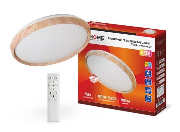 Светильник светодиодный COMFORT WOOD 75Вт 230В 3000-6500К 6000лм 490х90мм с пультом ДУ IN HOME 46906
