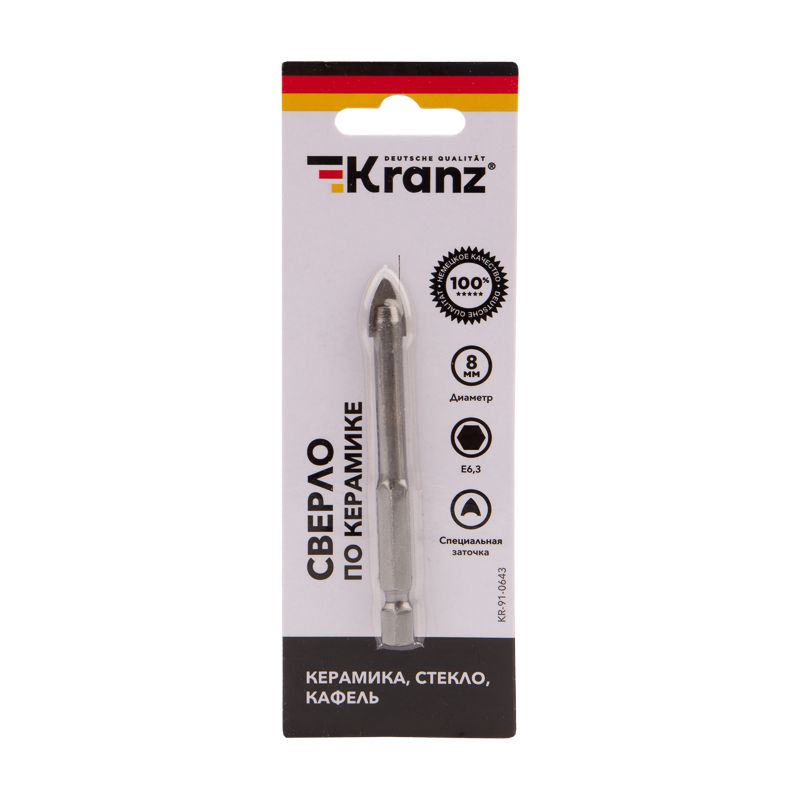 Сверло по стеклу и керамике 8 мм, 2 грани, шестигранный хвостовик Kranz - Фото 3