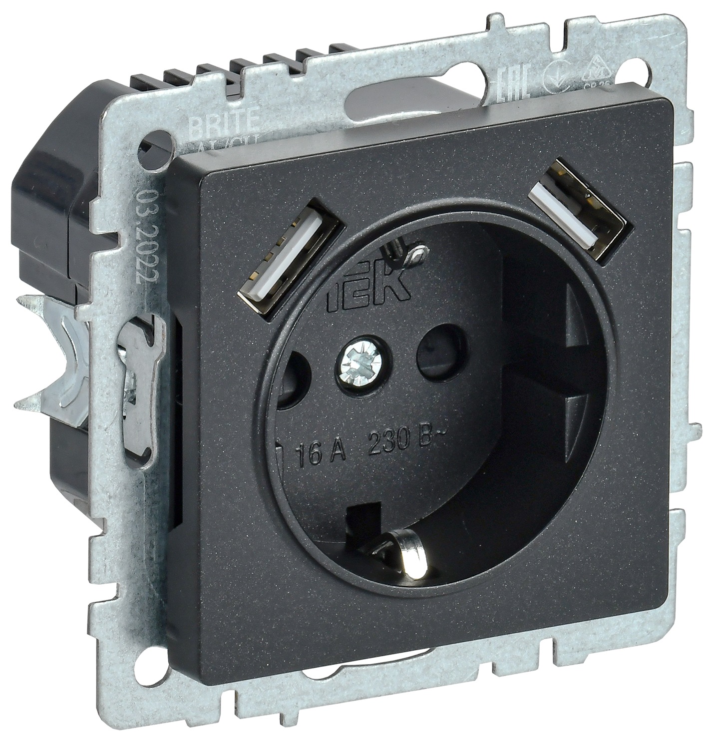 BRITE Розетка 1-местная с заземлением с защитными шторками 16А с USB A+A 5В 3,1А РЮш10-2-БрЧ черный IEK
