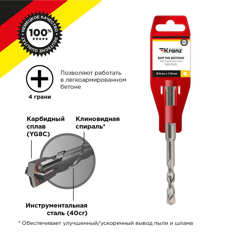 Бур по бетону 8x110x50мм, крестовая пластина, SDS PLUS KRANZ - Фото 4