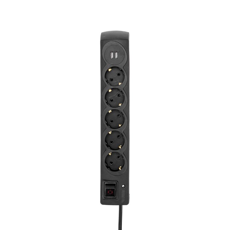 Фильтр сетевой 5 гнезд, 3м, 3х1,5мм², с автовыкл, 2 USB, черный KRANZ - Фото 2