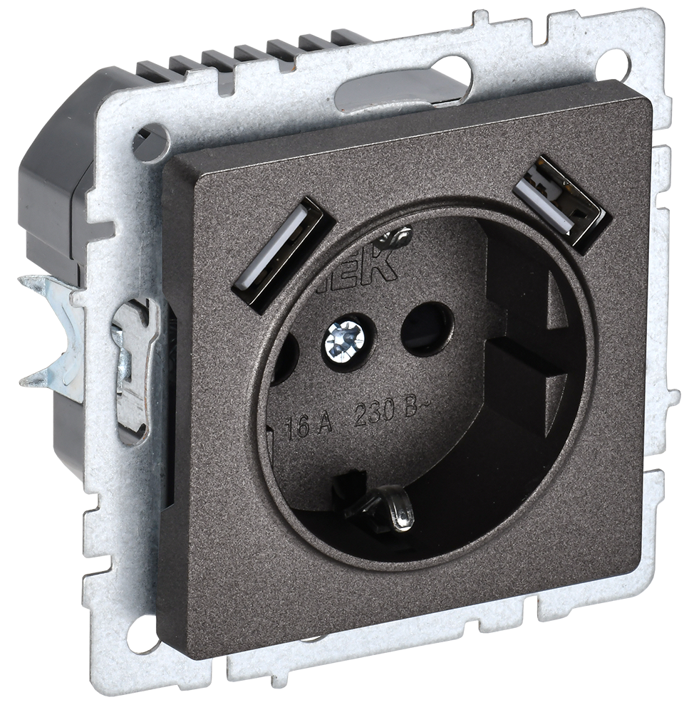 BRITE Розетка 1-местная с заземлением с защитными шторками 16А с USB A+A 5В 3,1А РЮш10-2-БрТБ темная бронза IEK