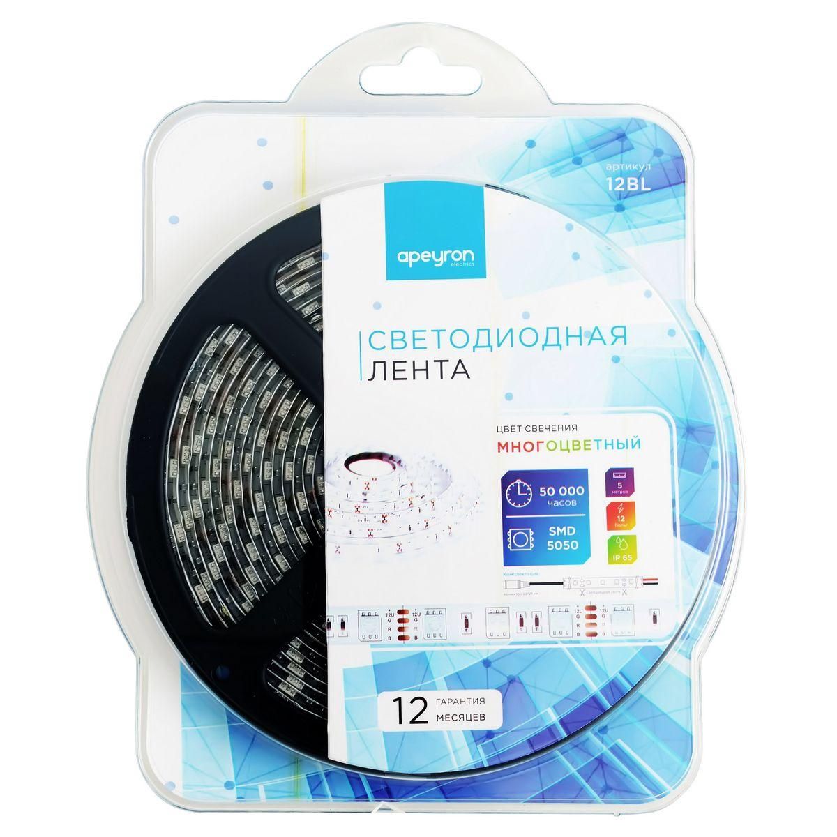 Лента светодиодная в блистереСТ smd5050 60д/м 12В IP65 5м RGB Apeyron - Фото 7