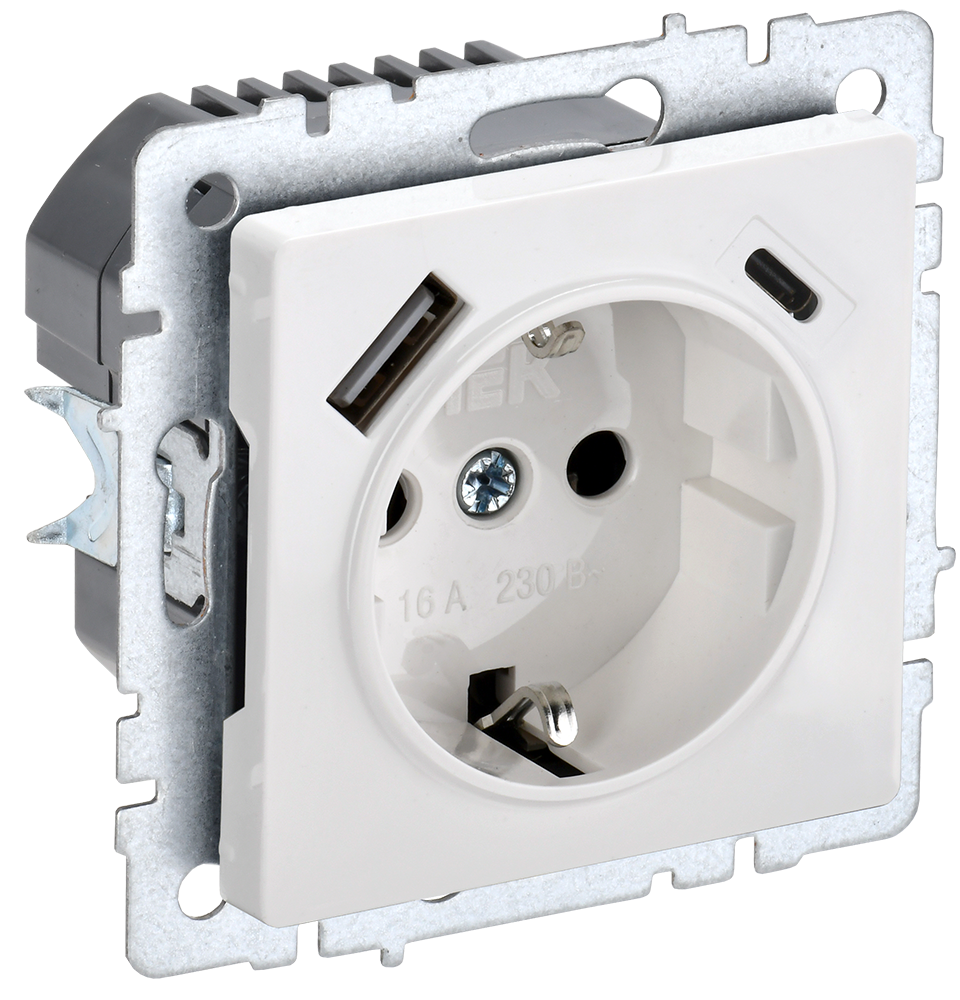 BRITE Розетка 1-местная с заземлением с защитными шторками 16А с USB A+C 18Вт РЮш11-1-БрБ белый IEK