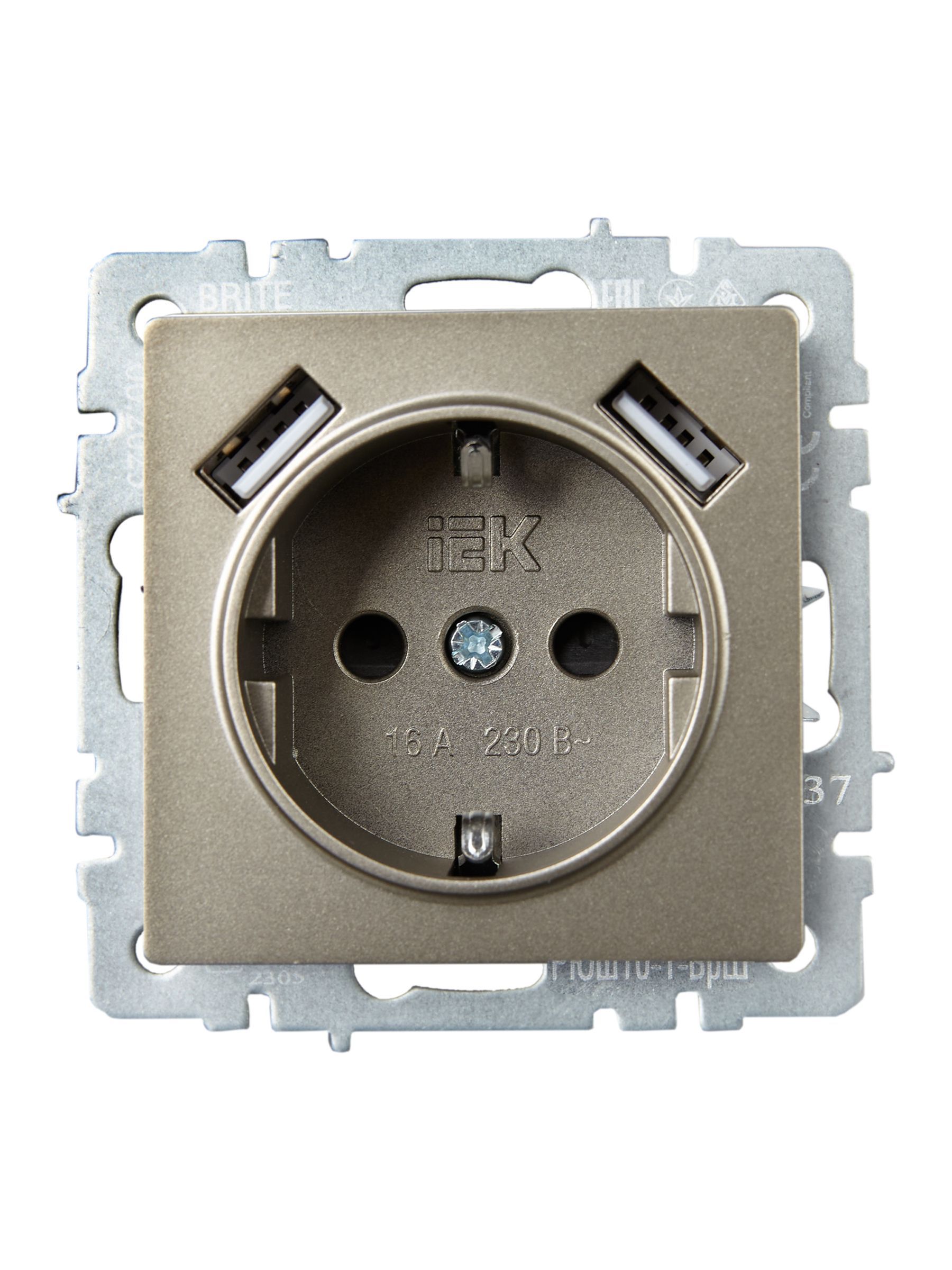 BRITE Розетка 1-местная с заземлением с защитными шторками 16А с USB A+A 5В 2,1А РЮш10-1-БрШ шампань IEK - Фото 4
