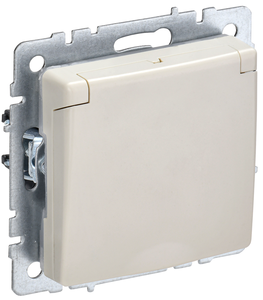 BRITE Розетка 1-местная с заземлением с защитными шторками и крышкой 16А IP44 РСбш10-3-44-БрКр бежевый IEK