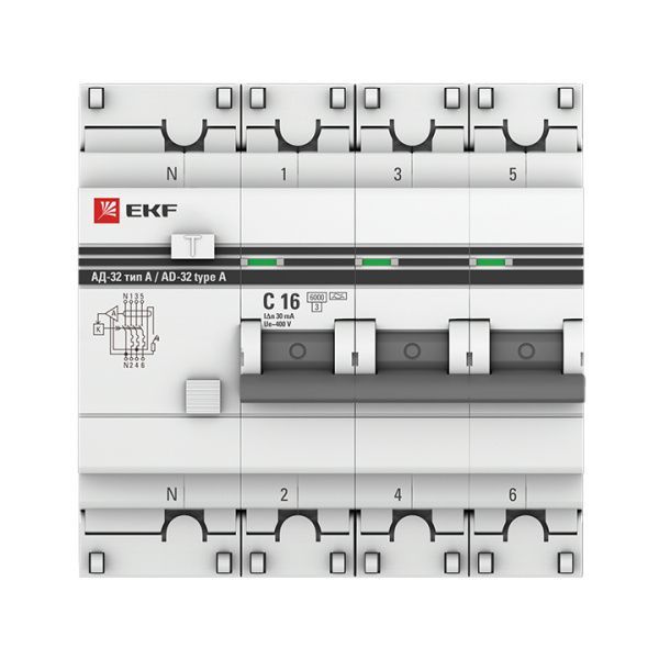 АД-32 3P+N 16А (С) 30мА тип (А) эл. 6кА EKF PROxima