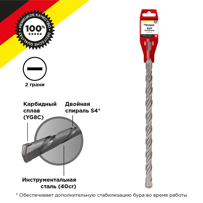 Бур по бетону 22x460x400мм SDS PLUS KRANZ
