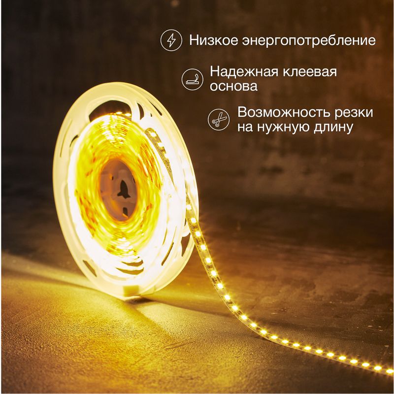 Лента светодиодная 12В, SMD2835, 9,6Вт/м, 120 LED/м, 3000K, 8мм, 5м, IP20 LAMPER - Фото 2