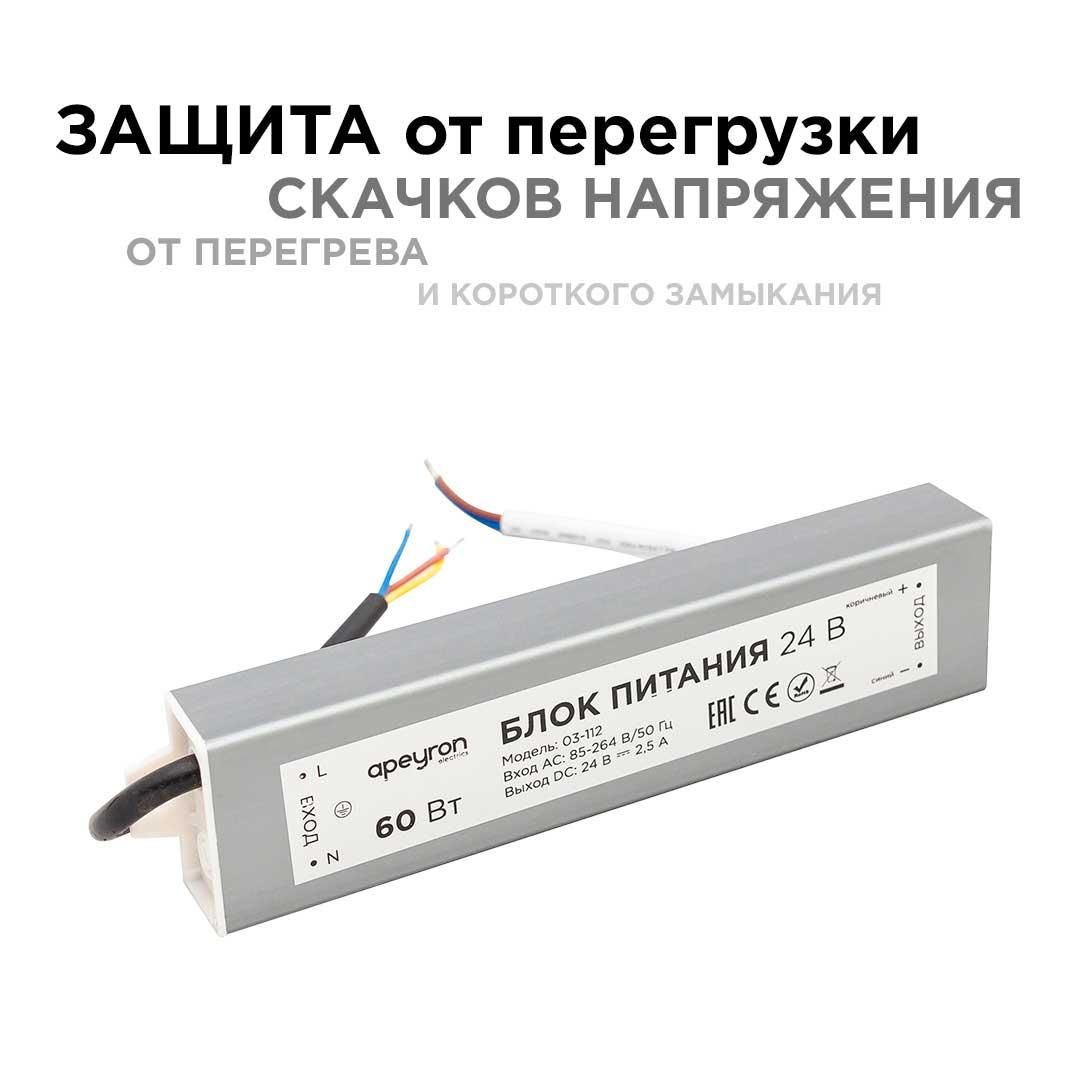 Блок питания 24В, 60Вт, импульсный, IP67, 175-265В, 2,5А, алюм., сереб., 170*40*22мм. Apeyron - Фото 9