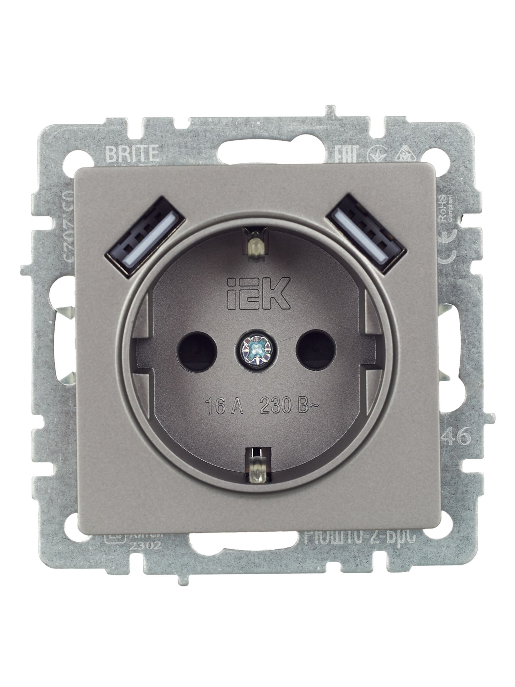BRITE Розетка 1-местная с заземлением с защитными шторками 16А с USB A+A 5В 3,1А РЮш10-2-БрС сталь IEK - Фото 3