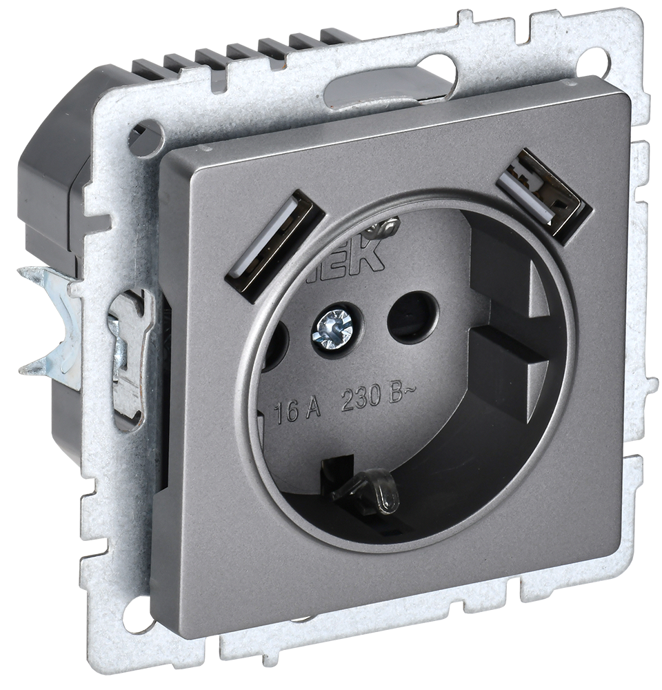 BRITE Розетка 1-местная с заземлением с защитными шторками 16А с USB A+A 5В 3,1А РЮш10-2-БрС сталь IEK