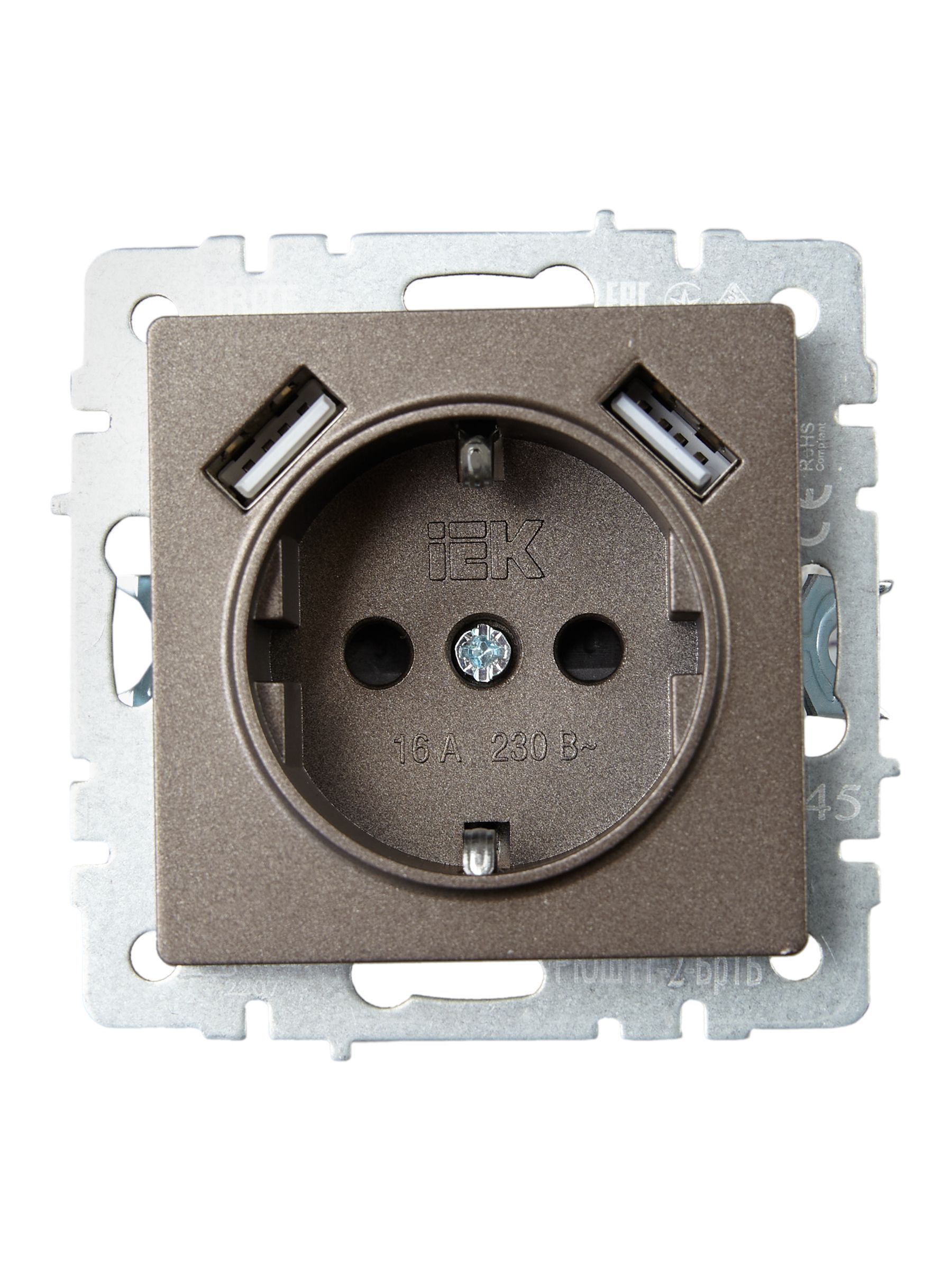 BRITE Розетка 1-местная с заземлением с защитными шторками 16А с USB A+A 5В 3,1А РЮш10-2-БрТБ темная бронза IEK - Фото 3