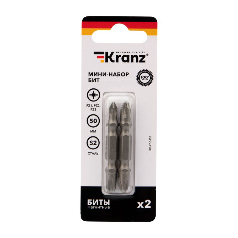 Мини-набор бит двусторонних PZ2xPZ2, PZ1xPZ3-50 мм (2 биты на блистере) Kranz - Фото 3