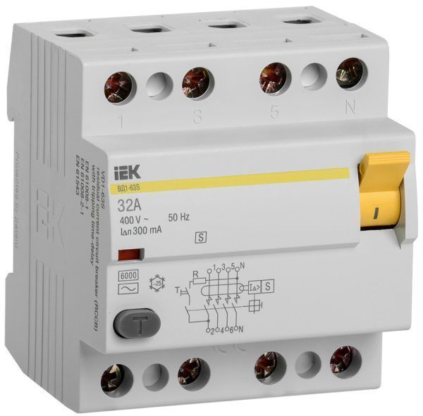 Выключатель дифференциальный (УЗО) ВД1-63S 4Р 32А 300мА IEK