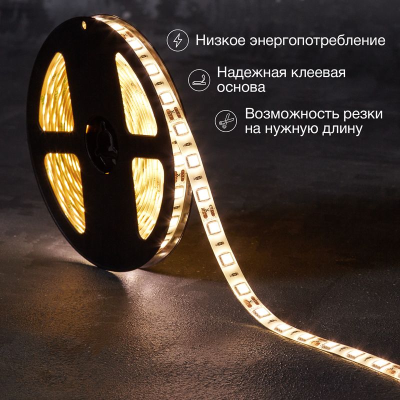 Лента светодиодная 12В, SMD5050, 14,4Вт/м, 60 LED/м, 2700К, 10мм, 5м, для БП с клеммами, IP65 LAMPER - Фото 2