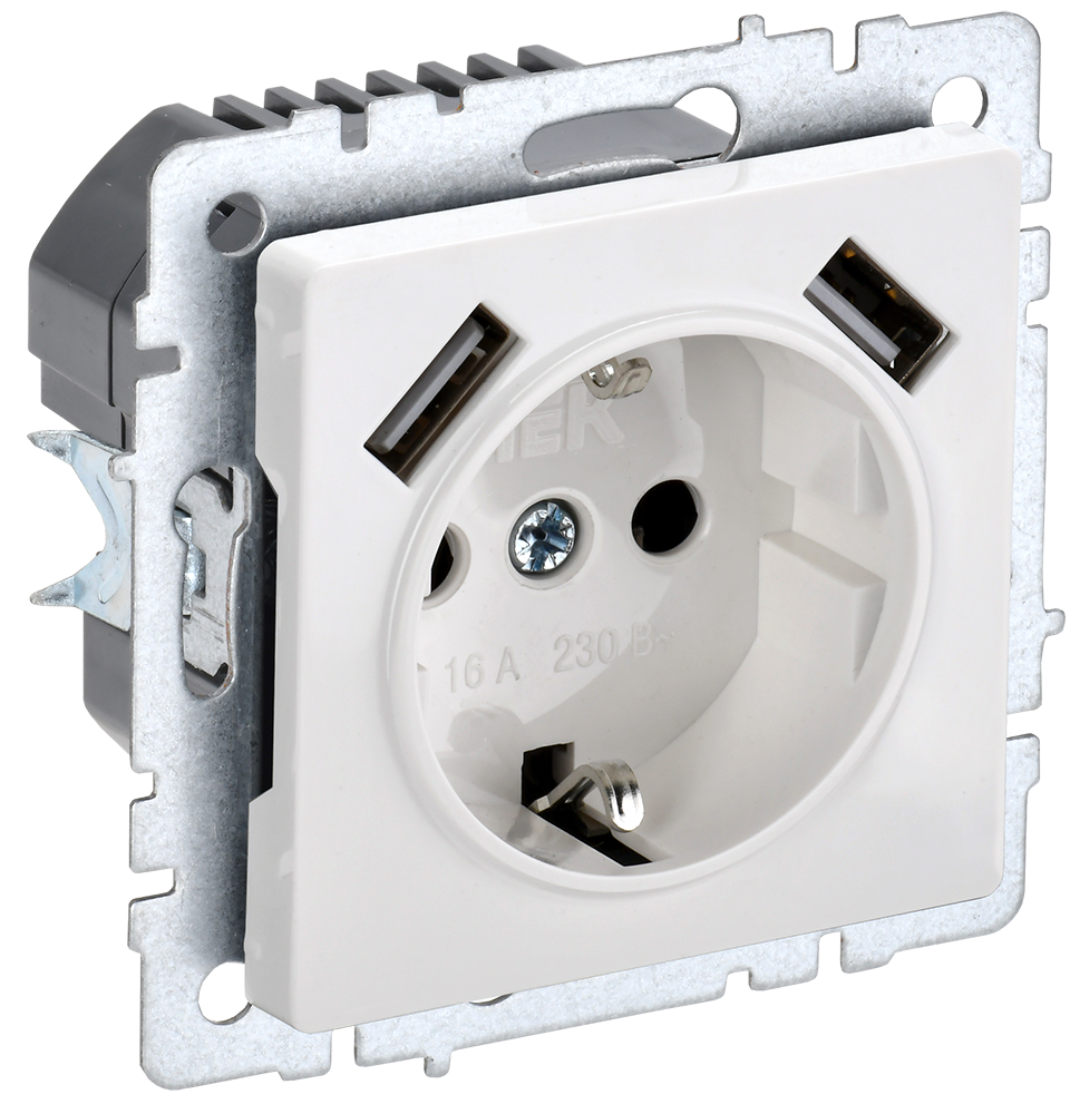BRITE Розетка 1-местная с заземлением с защитными шторками 16А с USB A+A 5В 3,1А РЮш10-2-БрБ белый IEK
