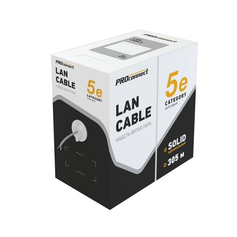 Кабель витая пара U/UTP, CAT 5e, PVC, 4PR, 24AWG, INDOOR, SOLID, серый, 305м PROconnect для высокоскоростной передачи - Фото 2
