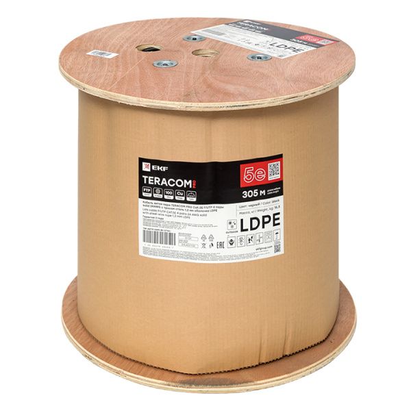 Витая пара TERACOM PRO Cat.5E F/UTP 4 п. solid 24AWG с тросом сталь 1,2 мм LDPE черн. (305м) - Фото 2
