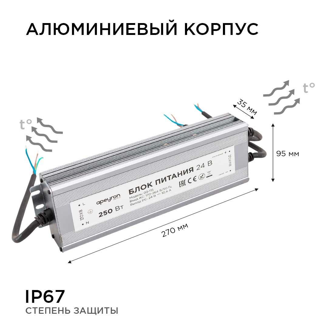 Блок питания 24В, 250Вт, импульсный, IP67, 175-265В, 10,4А, алюм., сереб., 270*95*35м Apeyron - Фото 10