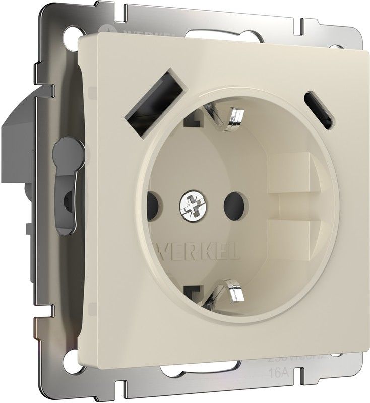 Розетка с заземлением, шторками и USB тип A+C (слоновая кость) Werkel - Фото 2