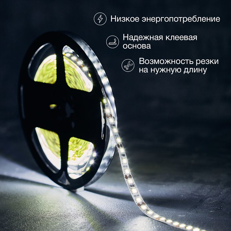 Лента светодиодная 12В, SMD2835, 9,6 Вт/м, 120 LED/м, 6500K, 8мм, 5м, IP20 LAMPER - Фото 2