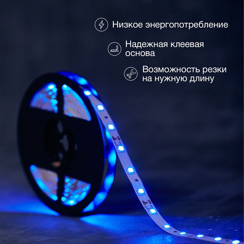 Лента светодиодная 12В, SMD2835, 4,8Вт/м, 60 LED/м, синий, 8мм, 5м, IP20 LAMPER - Фото 2