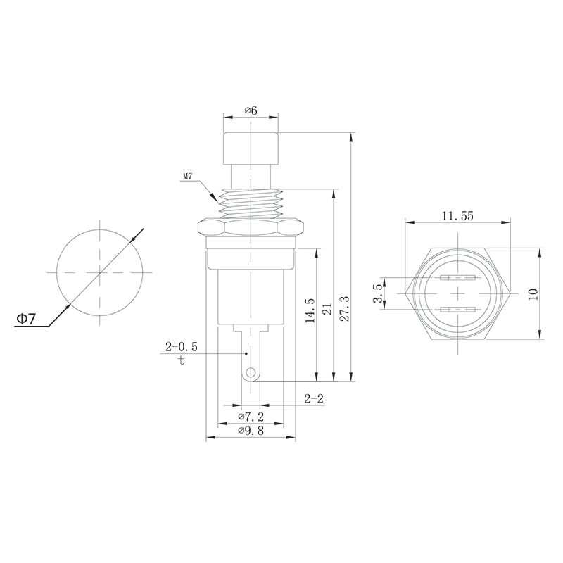Выключатель-кнопка металл 220V 2А (2с) OFF-(ON) Ø7.2 черная Micro (RWD-301, PBS-10B) REXANT - Фото 2