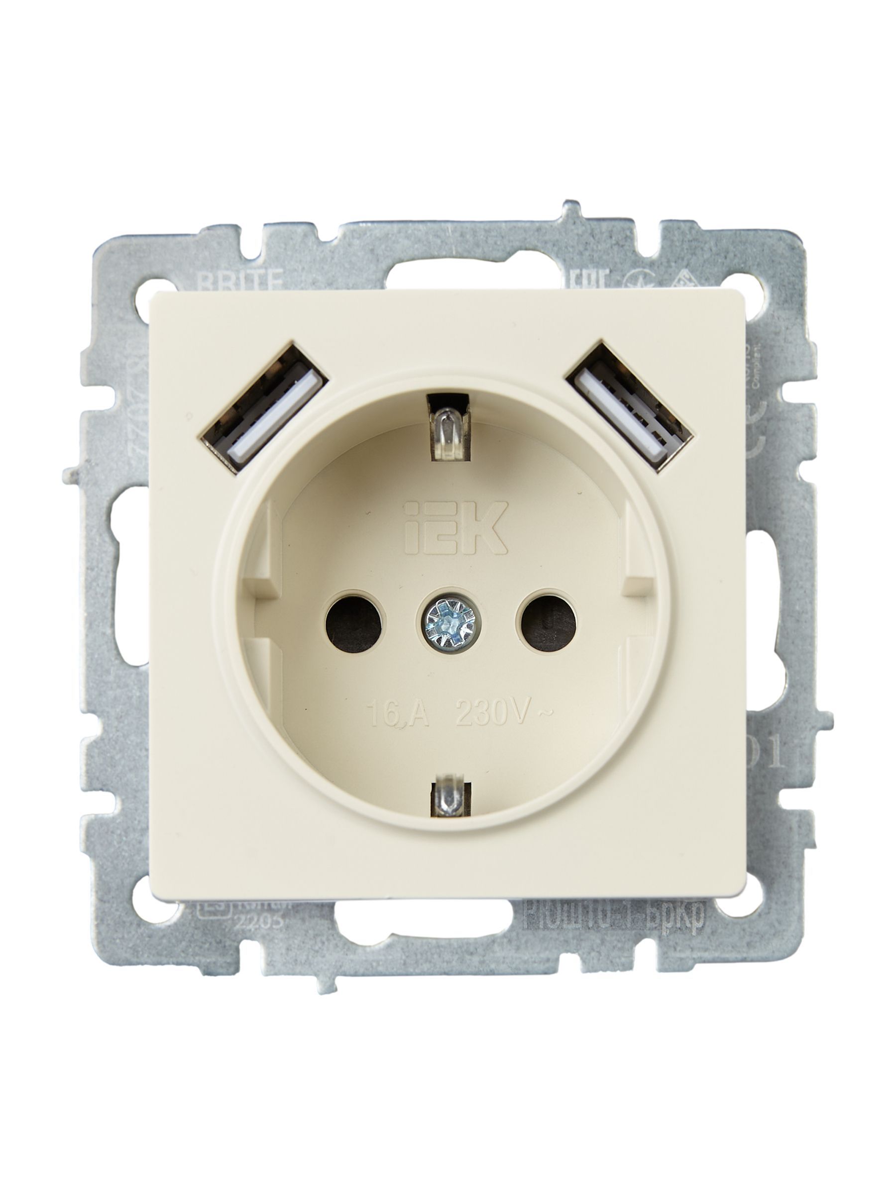 BRITE Розетка 1-местная с заземлением с защитными шторками 16А с USB A+A 5В 2,1А РЮш10-1-БрКр бежевый IEK - Фото 5