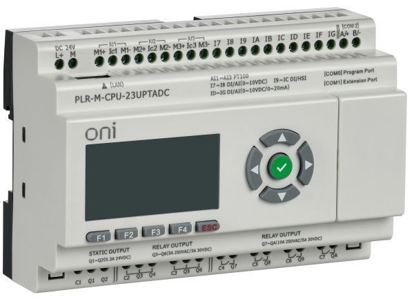 Микро ПЛК ONI. Расширяемая версия. Со встроенным экраном. 10 дискретных входов (4 как U/I, 2 как 0-10В, 4 до 60кГц), 2 транзисторных выхода до 10кГц, 