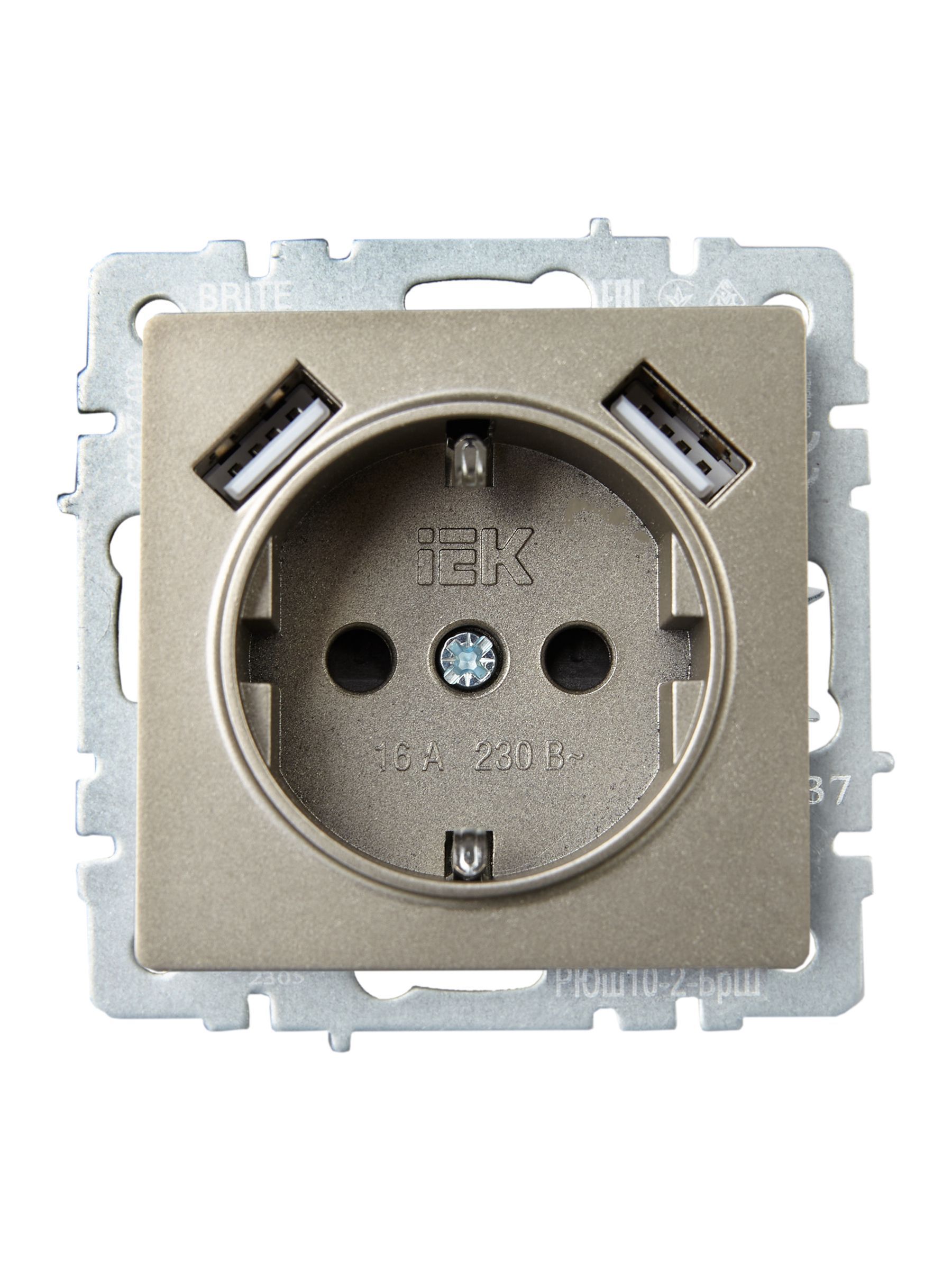 BRITE Розетка 1-местная с заземлением с защитными шторками 16А с USB A+A 5В 3,1А РЮш10-2-БрШ шампань IEK - Фото 6