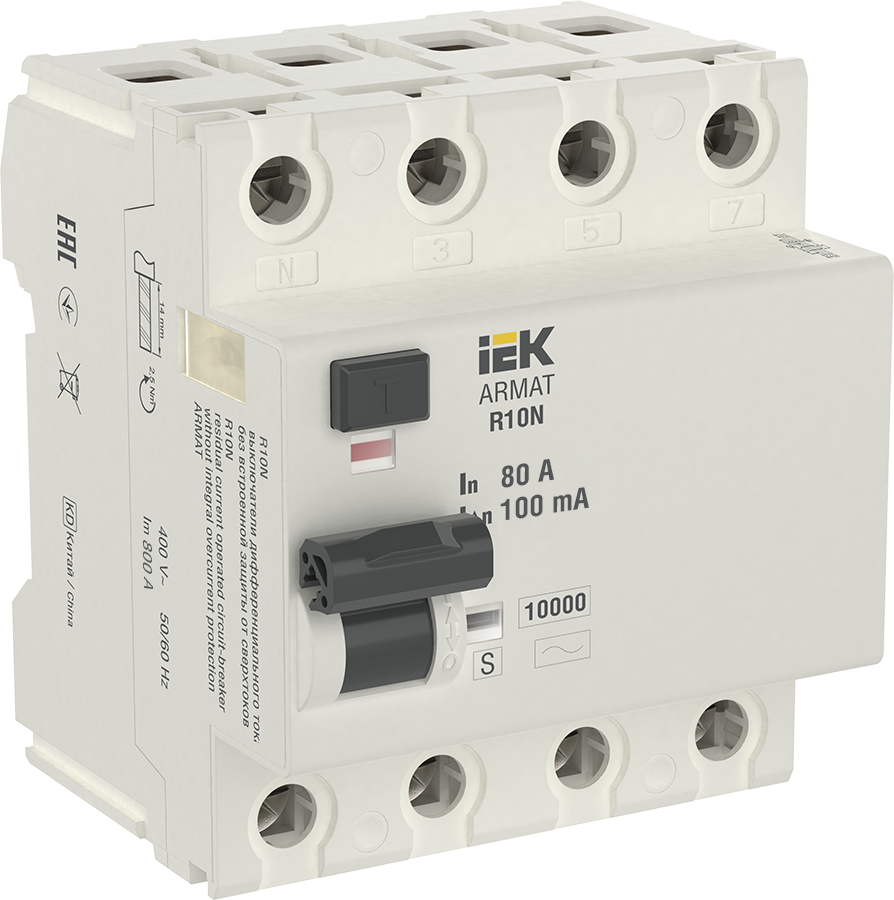 ARMAT Выключатель дифференциального тока R10N 4P 80А 100мА тип AC-S IEK
