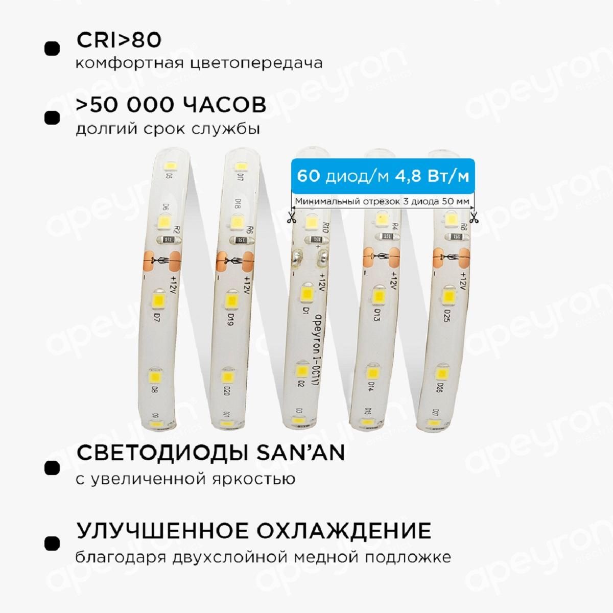 Комплект светодиодной ленты smd3528 60д/м 12В 3000K IP65 2,5м коннектор БП Apeyron - Фото 8