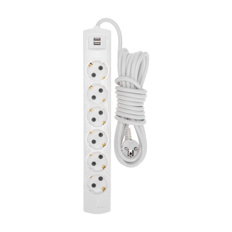 Удлинитель PREMIUM 6 гнезд, 5м, 3х1,5мм², с/з, 2 USB, белый REXANT - Фото 2