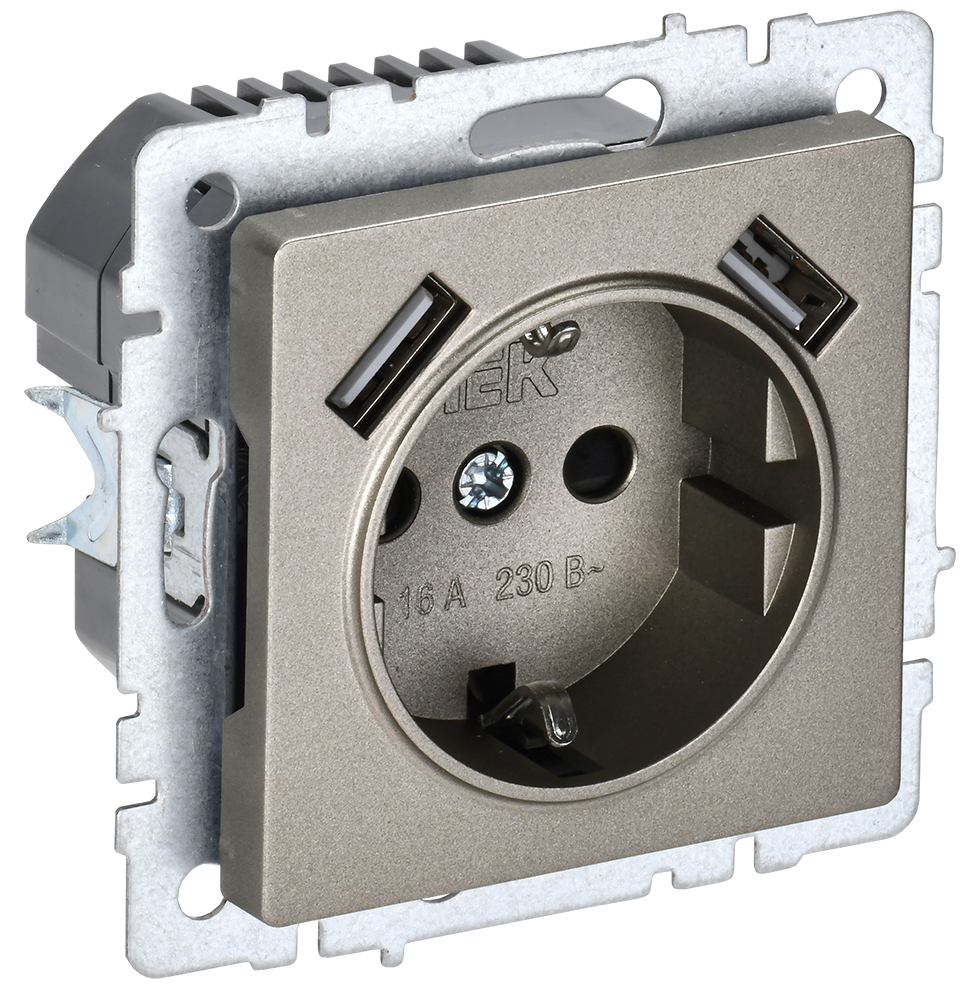 BRITE Розетка 1-местная с заземлением с защитными шторками 16А с USB A+A 5В 3,1А РЮш10-2-БрШ шампань IEK