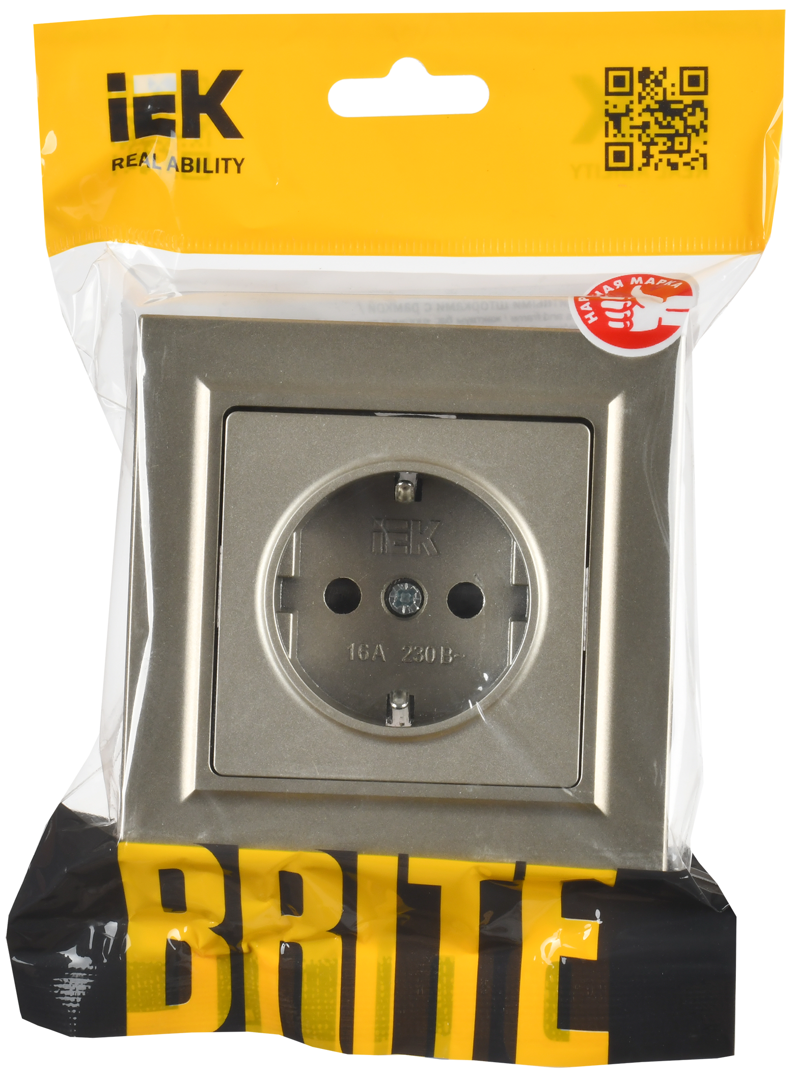 BRITE Розетка 1-местная с заземлением с защитными шторками 16А в сборе РСР14-1-0-БрШ шампань IEK - Фото 2