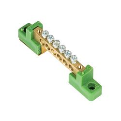 Шина "0" PE 6x9мм 6 отверстий латунь с контактной пластиной 2 зелёных угловых изолятора sn0-63-06-2-pe