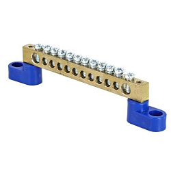 Шина "0" N (6x9мм) 12 отв. латунь 2 синих угловых изолятора розн. стикер EKF sn0-63-12-2-r
