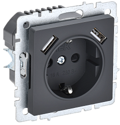 BRITE Розетка 1-местная с заземлением с защитными шторками 16А с USB A+A 5В 2,1А РЮш10-1-БрГ графит IEK BR-R14-16-U21-D21-K53