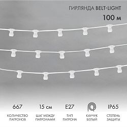 Гирлянда Belt-Light 2 жилы, 100м, шаг 15см, 667 патронов E27, IP65, белый провод NEON-NIGHT 331-251