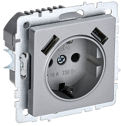 BRITE Розетка 1-местная с заземлением с защитными шторками 16А с USB A+A 5В 2,1А РЮш10-1-БрА алюминий IEK BR-R14-16-U21-D21-K47