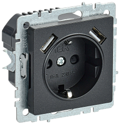 BRITE Розетка 1-местная с заземлением с защитными шторками 16А с USB A+A 5В 2,1А РЮш10-1-БрЧ черный IEK BR-R14-16-U21-D21-K02