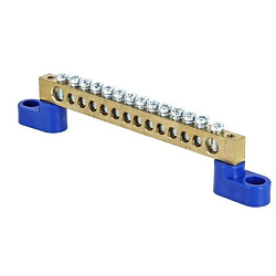 Шина "0" N (6x9мм) 14 отв. латунь 2 синих угловых изолятора розн. стикер EKF sn0-63-14-2-r