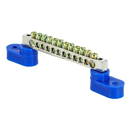 Шина "0" N (6x9мм) 12 отв. цинк 2 синих угловых изолятора EKF sn1-63-12-2