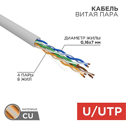 Кабель витая пара U/UTP, CAT 5e, PVC, 4PR, 24AWG, INDOOR, STRANDED, серый, 305м REXANT 01-0044