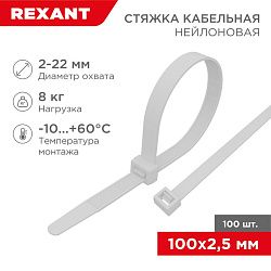 Стяжка кабельная нейлоновая 100x2,5мм, белая (100 шт/уп) REXANT 07-0100