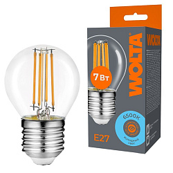 Светодиодная лампа WOLTA Filament, AC 220-240В, 50/60 Гц, прозрачное стекло, "Шар", G45, E27, 7 Вт, 630 лм, 6500 К, 1/10/100 WF-G45-7W6KE27