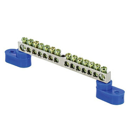 Шина "0" N (6x9мм) 14 отв. цинк 2 синих угловых изолятора EKF sn1-63-14-2